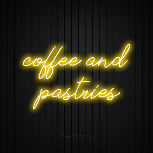 Yellow script-style LED neon sign reading "Coffee and Pastries" against a black vertical slat wall for café décor