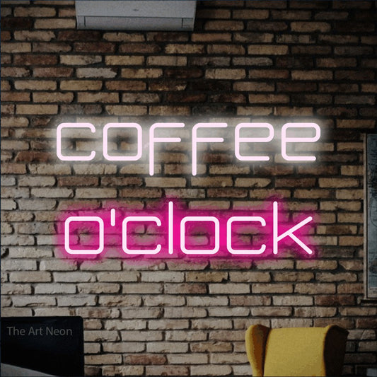 Hot pink and cool white LED neon sign reading "Coffee O'Clock" against a rustic brick wall for café décor