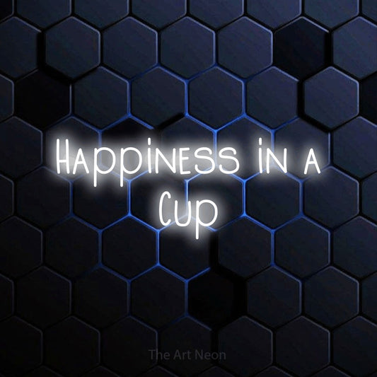 Cool white LED neon sign reading "Happiness in a Cup" against a blue hexagonal wall for café décor