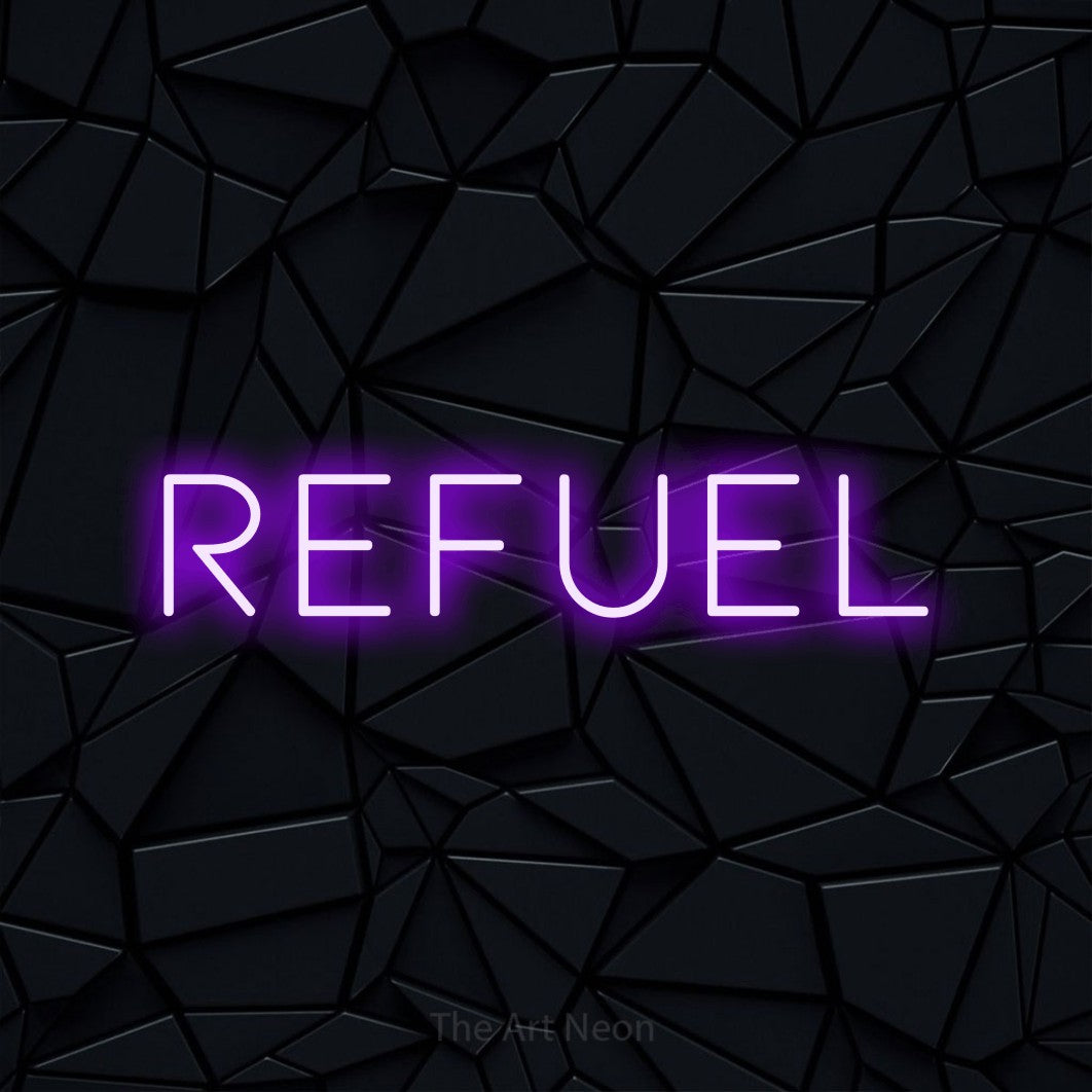 Purple LED neon sign reading "Refuel" against a black faceted wall for café décor