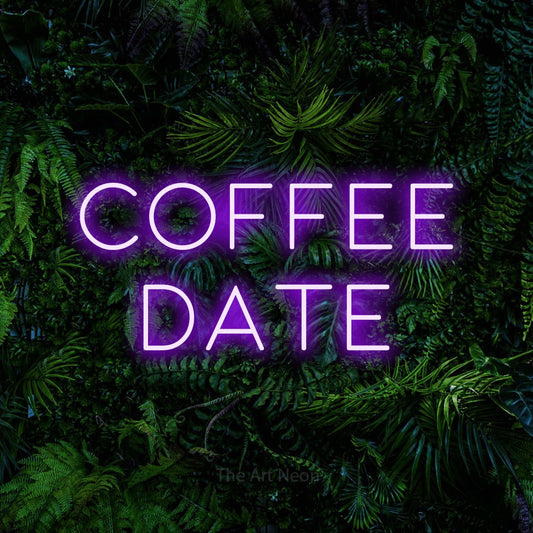 Purple LED neon sign reading "Coffee Date" against a dense tropical foliage wall for café décor