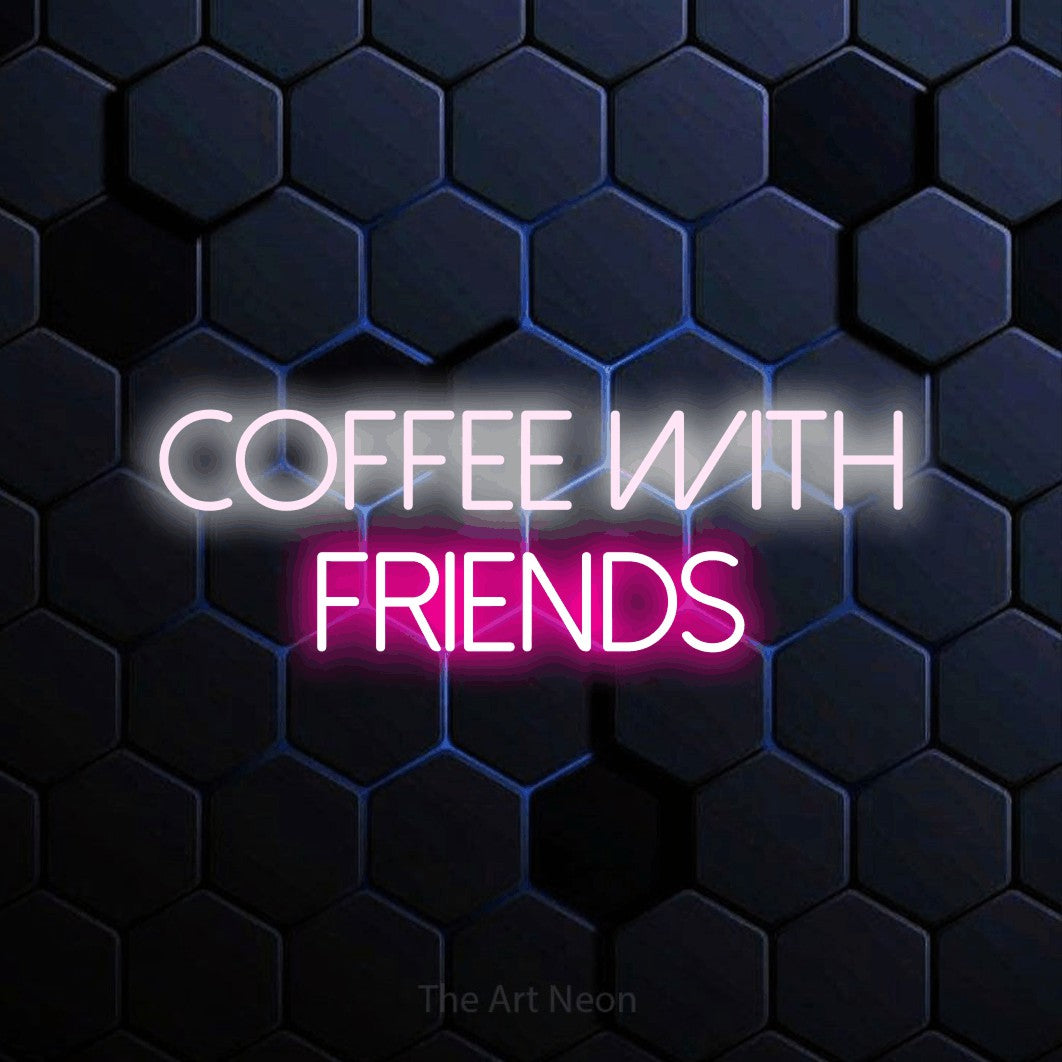 Hot pink and cool white LED neon sign reading "Coffee with Friends" against a blue hexagonal wall for café décor
