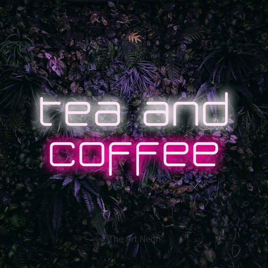 Hot pink and cool white LED neon sign reading "Tea and Coffee" against a purple floral wall for café décor