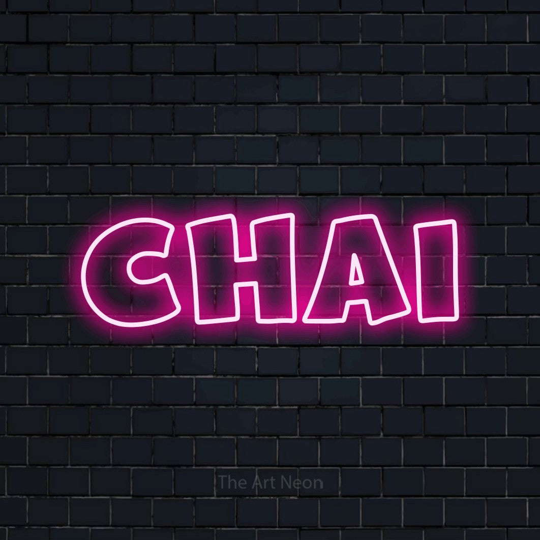 Hot pink outline-style LED neon sign reading "Chai" against a dark navy brick wall for café décor
