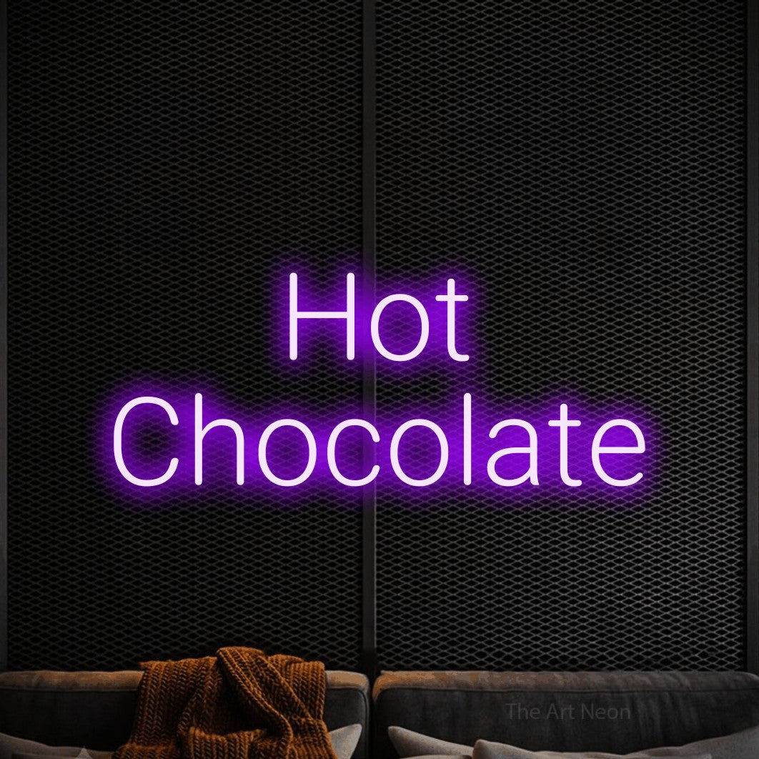 Purple LED neon sign reading "Hot Chocolate" against a black textured wall for café décor