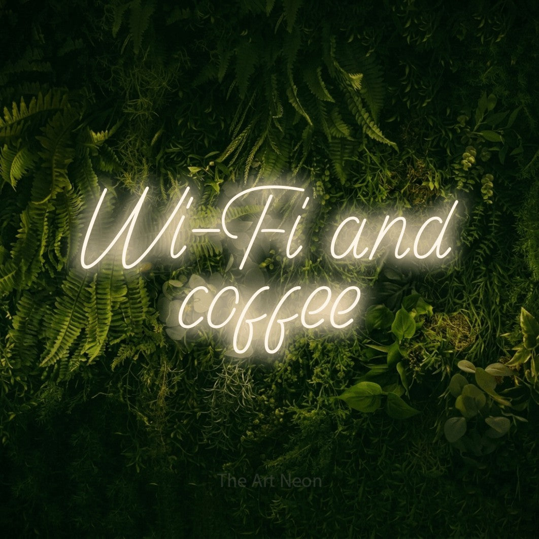 Warm white LED neon sign reading "Wi-Fi and Coffee" against a moss-covered green wall for café décor