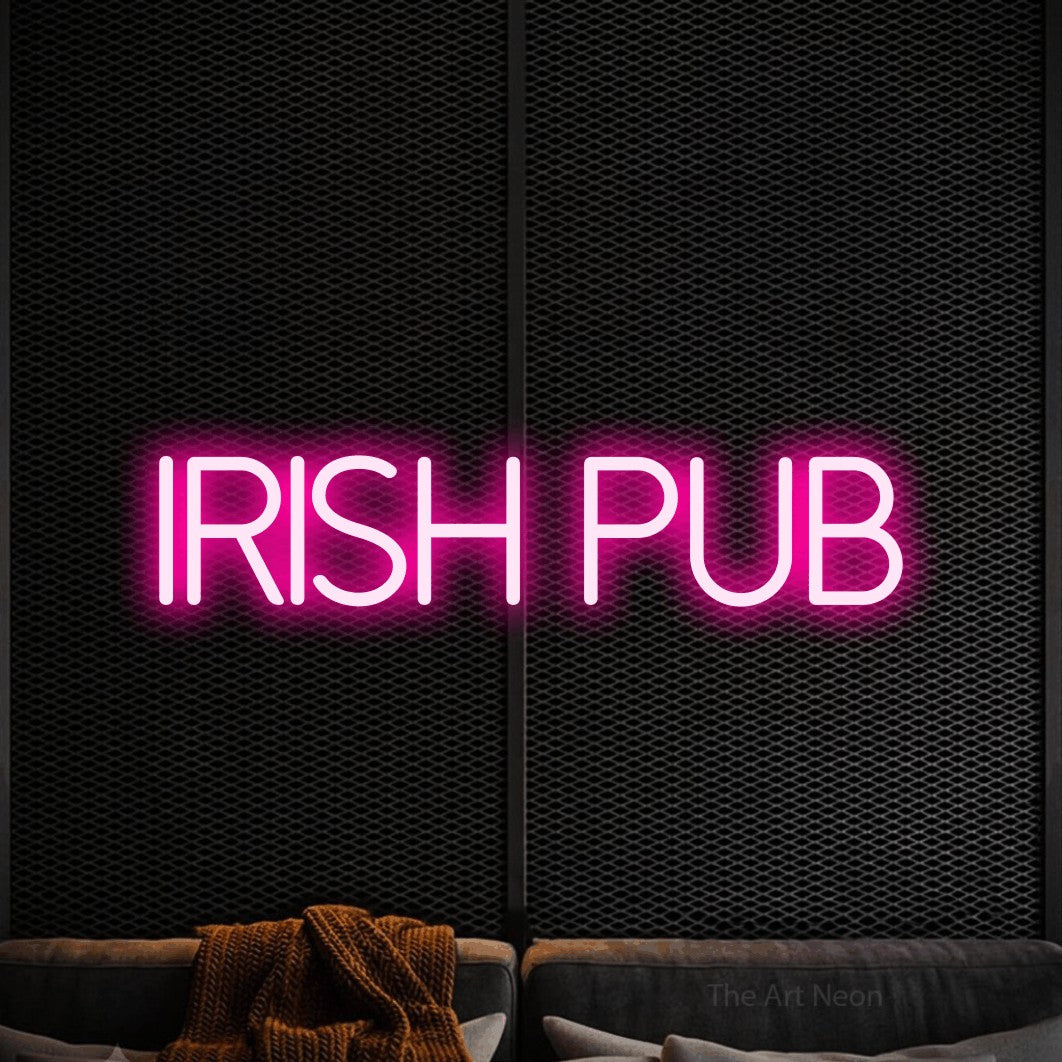 Hot pink LED neon sign reading "Irish Pub" against a black textured wall for bar décor