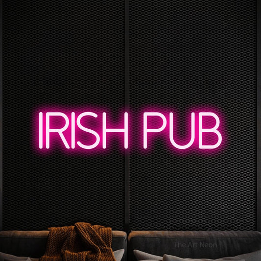 Hot pink LED neon sign reading "Irish Pub" against a black textured wall for bar décor