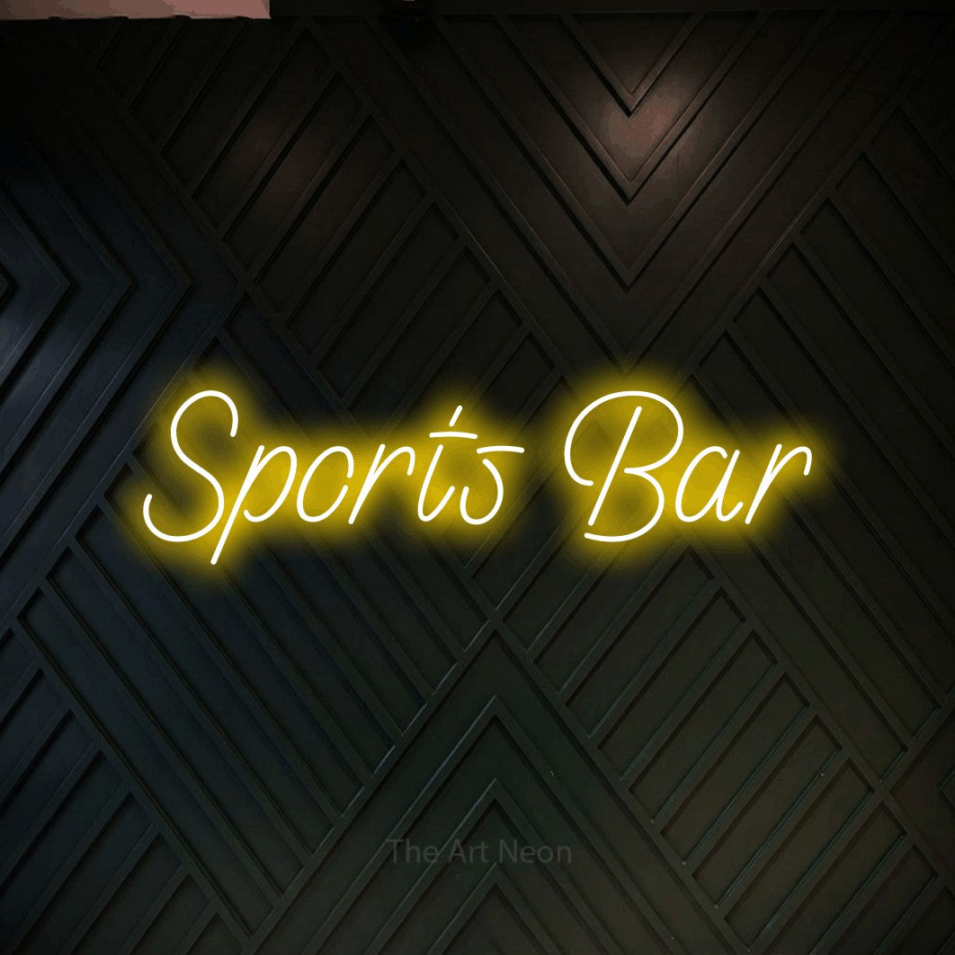 Yellow LED neon sign reading "Sports Bar" against a dark geometric wood wall for bar décor