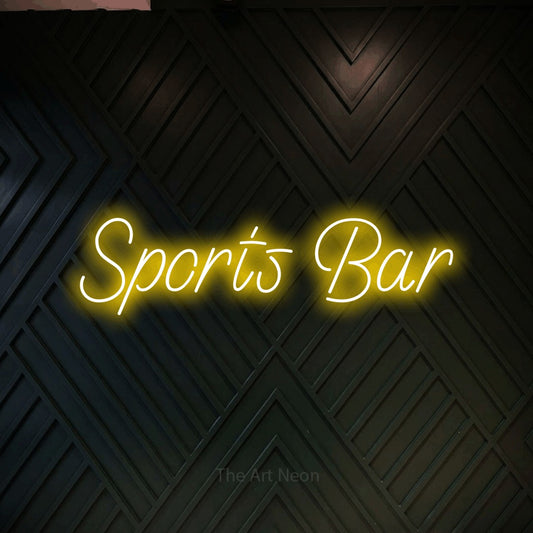 Yellow LED neon sign reading "Sports Bar" against a dark geometric wood wall for bar décor