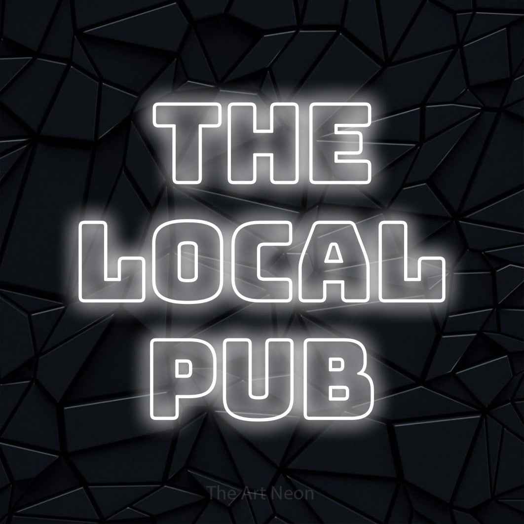 Cool white outline-style LED neon sign reading "The Local Pub" against a black faceted wall for bar décor