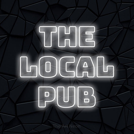 Cool white outline-style LED neon sign reading "The Local Pub" against a black faceted wall for bar décor
