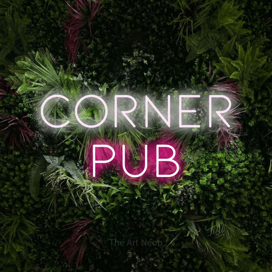 Hot pink and cool white LED neon sign reading "Corner Pub" against a lush garden wall with pink flowers for bar décor
