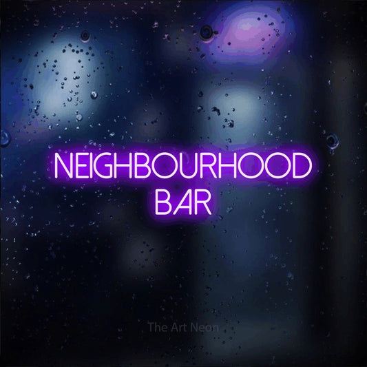 Purple LED neon sign reading "Neighbourhood Bar" against a dark blue bokeh background for bar décor