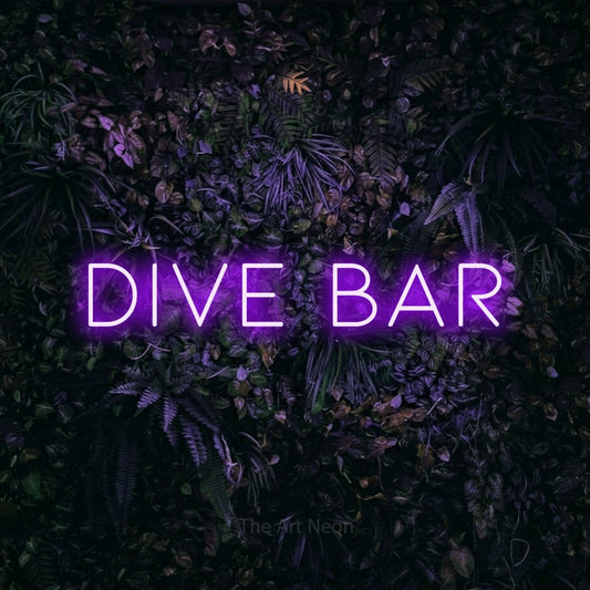 Purple LED neon sign reading "Dive Bar" against a purple floral wall for bar décor