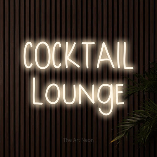 Warm white LED neon sign reading "Cocktail Lounge" against dark wooden slats for bar décor