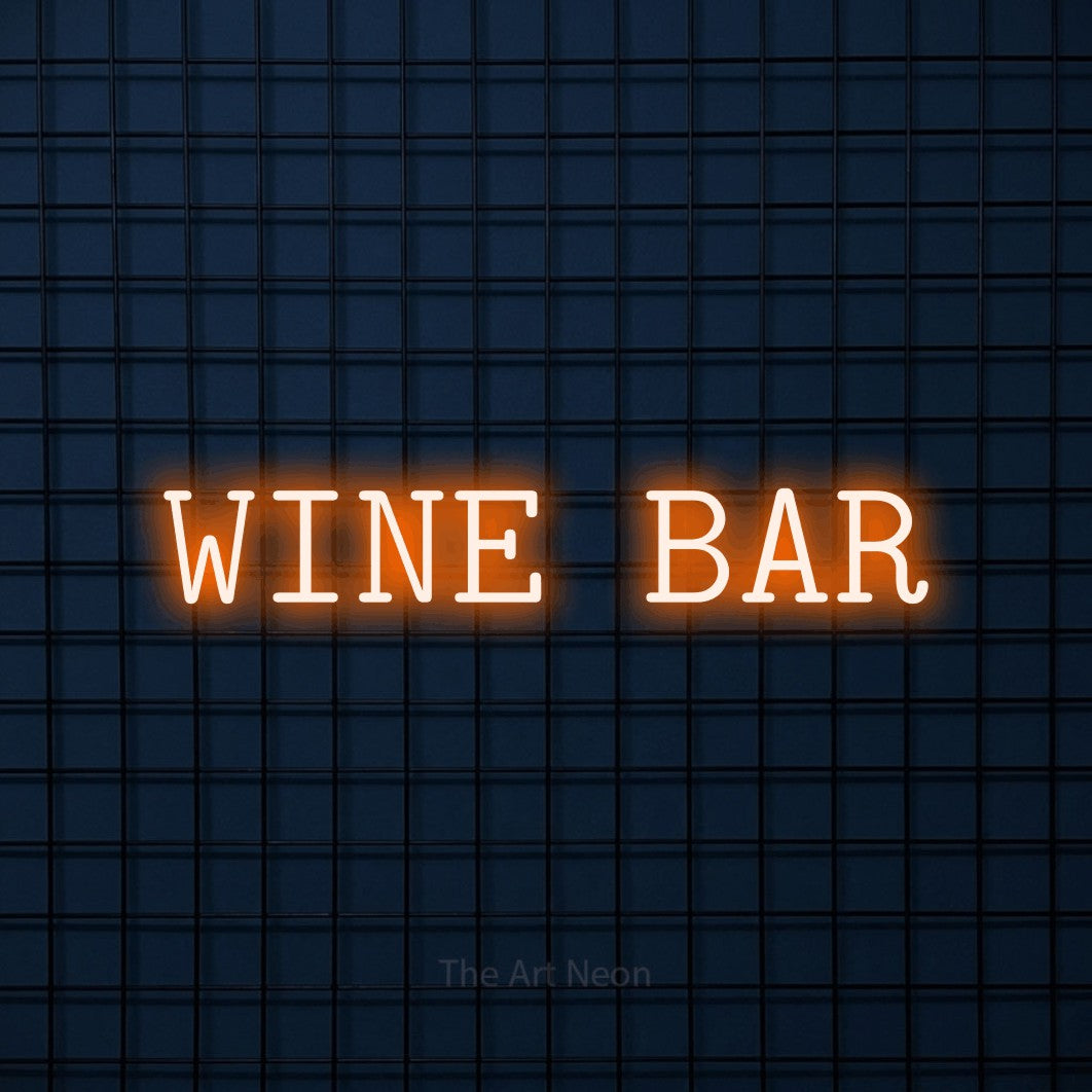 Orange LED neon sign reading "Wine Bar" against a dark blue tiled wall for bar décor