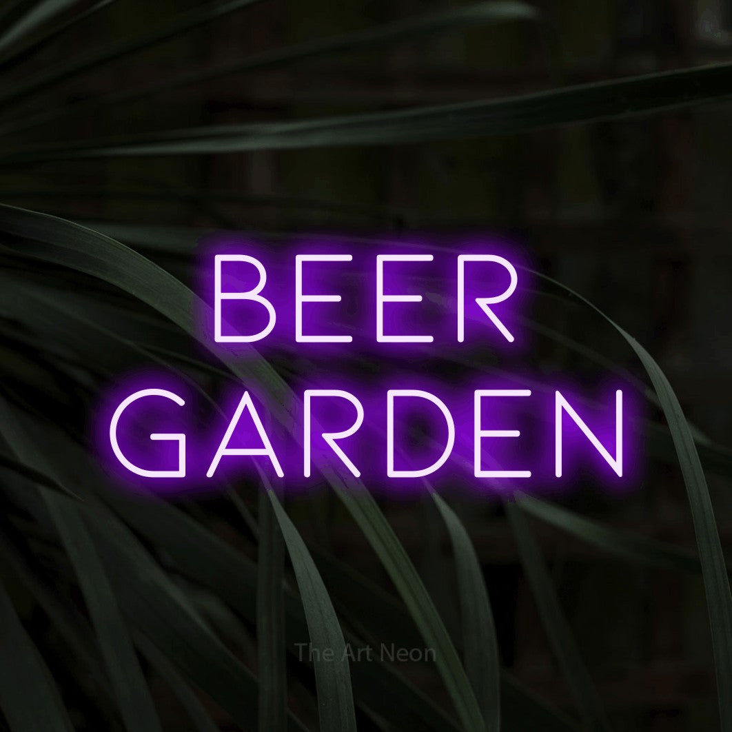 Purple LED neon sign reading "Beer Garden" against dark tropical leaves for bar décor