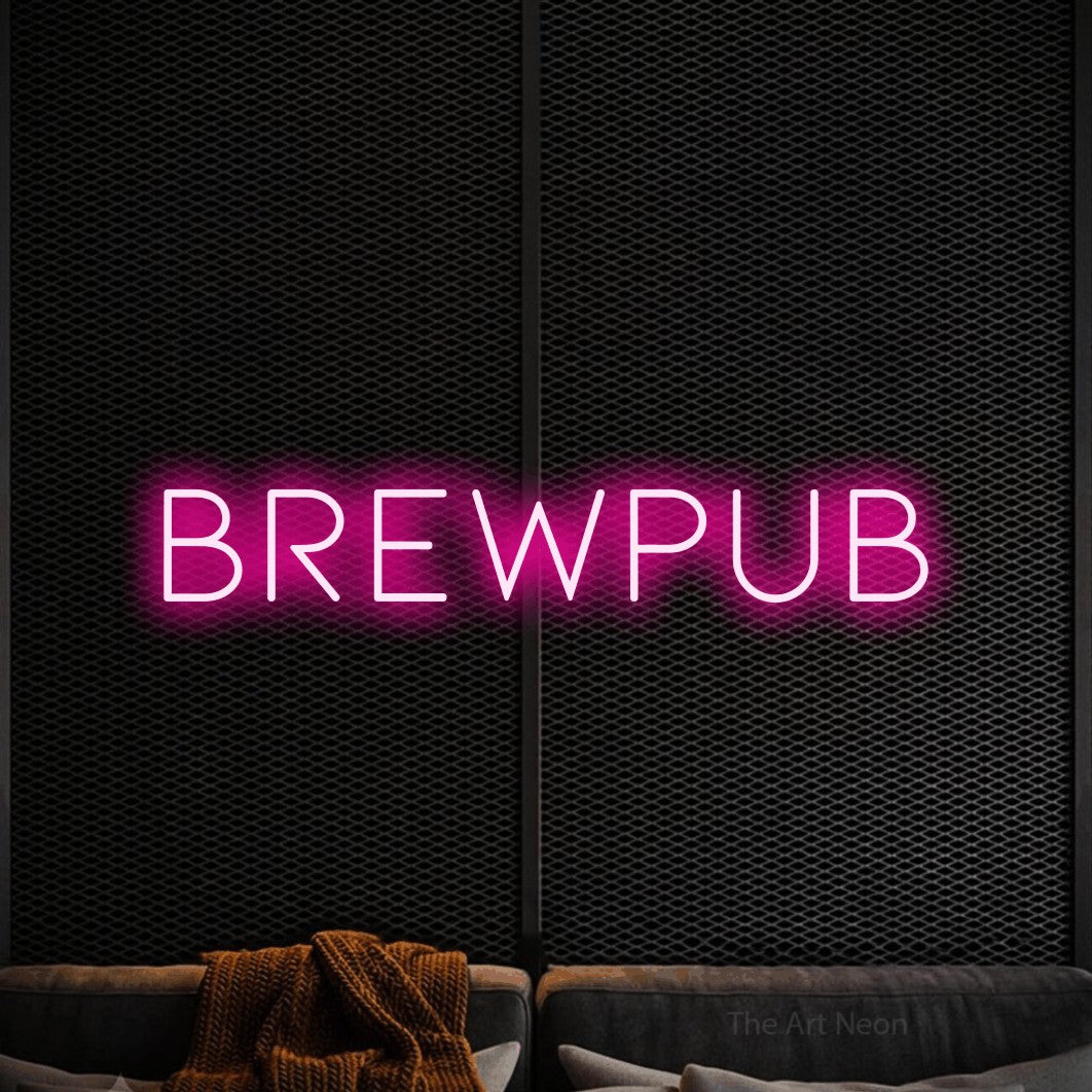 Hot pink LED neon sign reading "Brewpub" against a black textured wall for bar décor