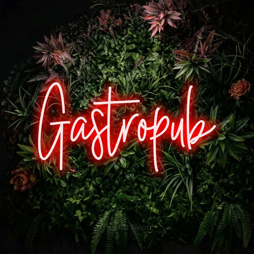 Red script-style LED neon sign reading "Gastropub" against a flowering garden wall for bar décor