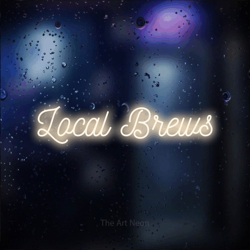 Warm white script-style LED neon sign reading "Local Brews" against a dark blue bokeh background for bar décor