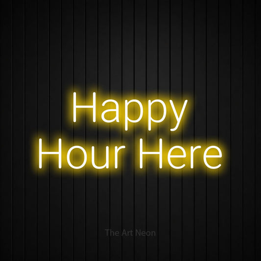 Enseigne néon à DEL à lumière jaune, affichant « Happy Hour Here » sur un mur noir à lattes verticales, pour décorer un bar