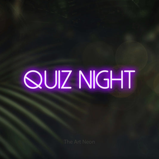 Enseigne néon à DEL à lumière violette, affichant « Quiz Night » sur des feuilles de palmier foncées et floues, pour décorer un bar