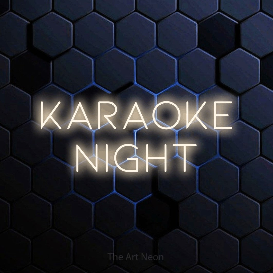 Warm white LED neon sign reading "Karaoke Night" against a blue hexagonal wall for bar décor