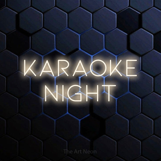 Enseigne néon à DEL à lumière blanche chaude, affichant « Karaoke Night » sur un mur hexagonal bleu, pour décorer un bar