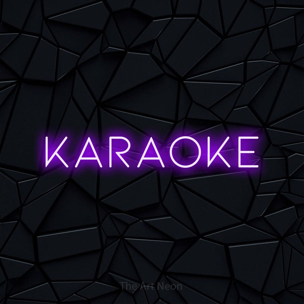 Purple LED neon sign reading "Karaoke" against a black faceted wall for bar décor