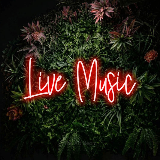 Enseigne néon à DEL à lumière rouge, de style manuscrit, affichant « Live Music » sur un mur de jardin fleuri, pour décorer un bar