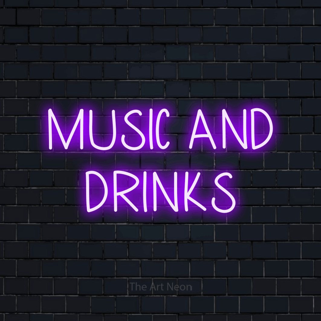 Purple LED neon sign reading "Music and Drinks" against a dark navy brick wall for bar décor