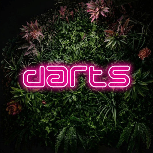 Enseigne néon à DEL à lumière rose vif, de style contour, affichant « Darts » sur un mur de jardin fleuri, pour décorer un bar