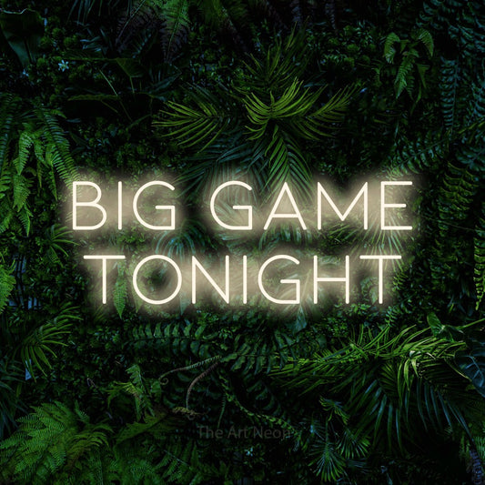 Warm white LED neon sign reading "Big Game Tonight" against a dense tropical foliage wall for bar décor