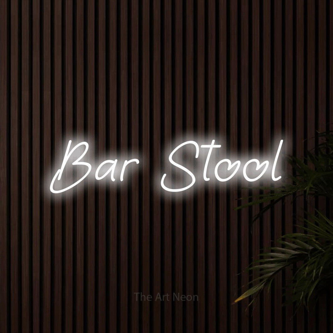 Cool white LED neon sign reading "Bar Stool" against dark wooden slats for bar décor