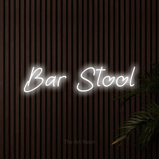Cool white LED neon sign reading "Bar Stool" against dark wooden slats for bar décor
