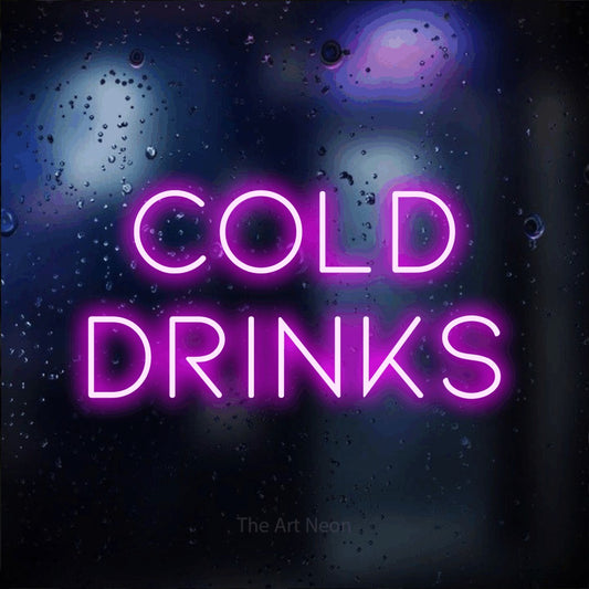 Pink LED neon sign reading "Cold Drinks" against a dark blue bokeh background for bar décor