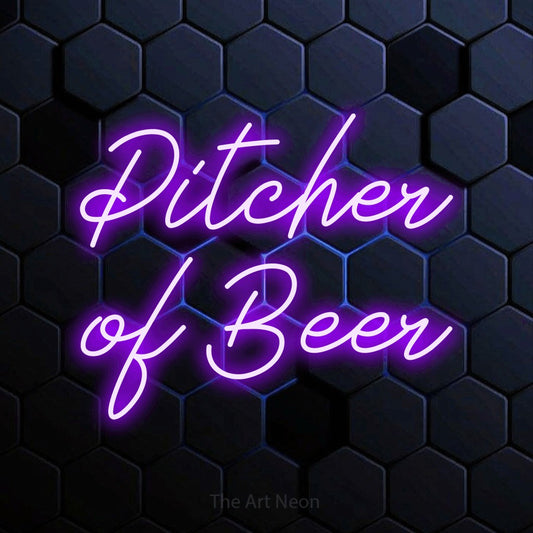 Purple script-style LED neon sign reading "Pitcher of Beer" against a blue hexagonal wall for bar décor