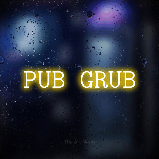 Yellow LED neon sign reading "Pub Grub" against a dark blue bokeh background for bar décor