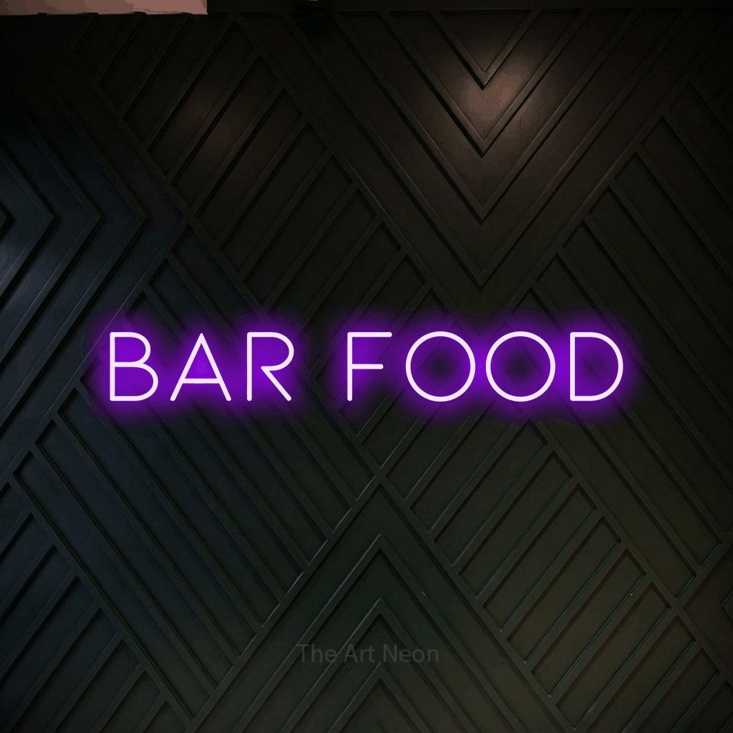 Purple LED neon sign reading "Bar Food" against a dark geometric wood wall for bar décor