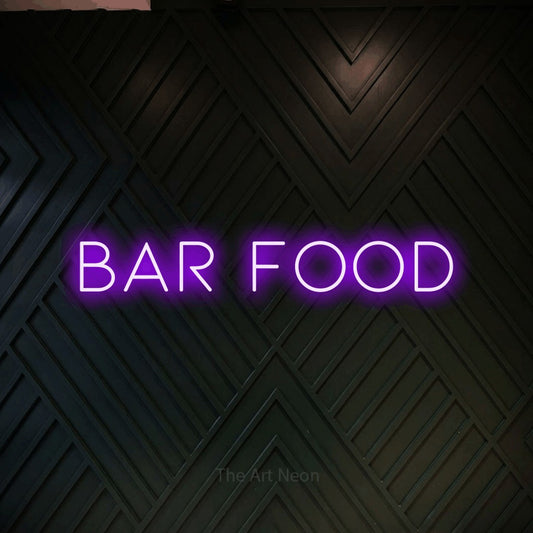 Purple LED neon sign reading "Bar Food" against a dark geometric wood wall for bar décor