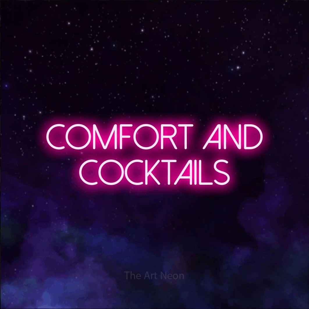 Hot pink LED neon sign reading "Comfort and Cocktails" against a purple galaxy background for bar décor