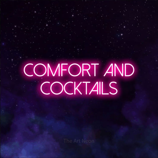 Hot pink LED neon sign reading "Comfort and Cocktails" against a purple galaxy background for bar décor