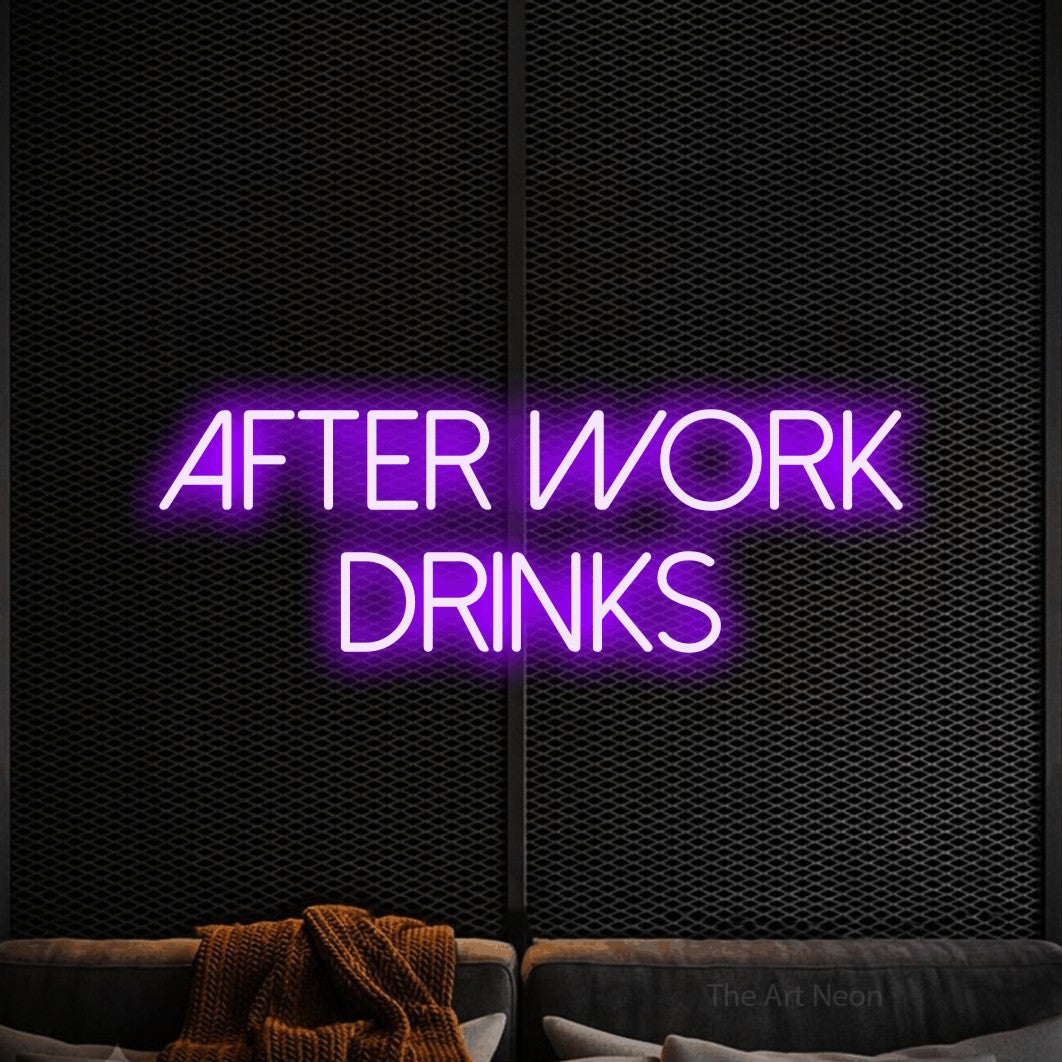 Purple LED neon sign reading "After Work Drinks" against a black textured wall for bar décor