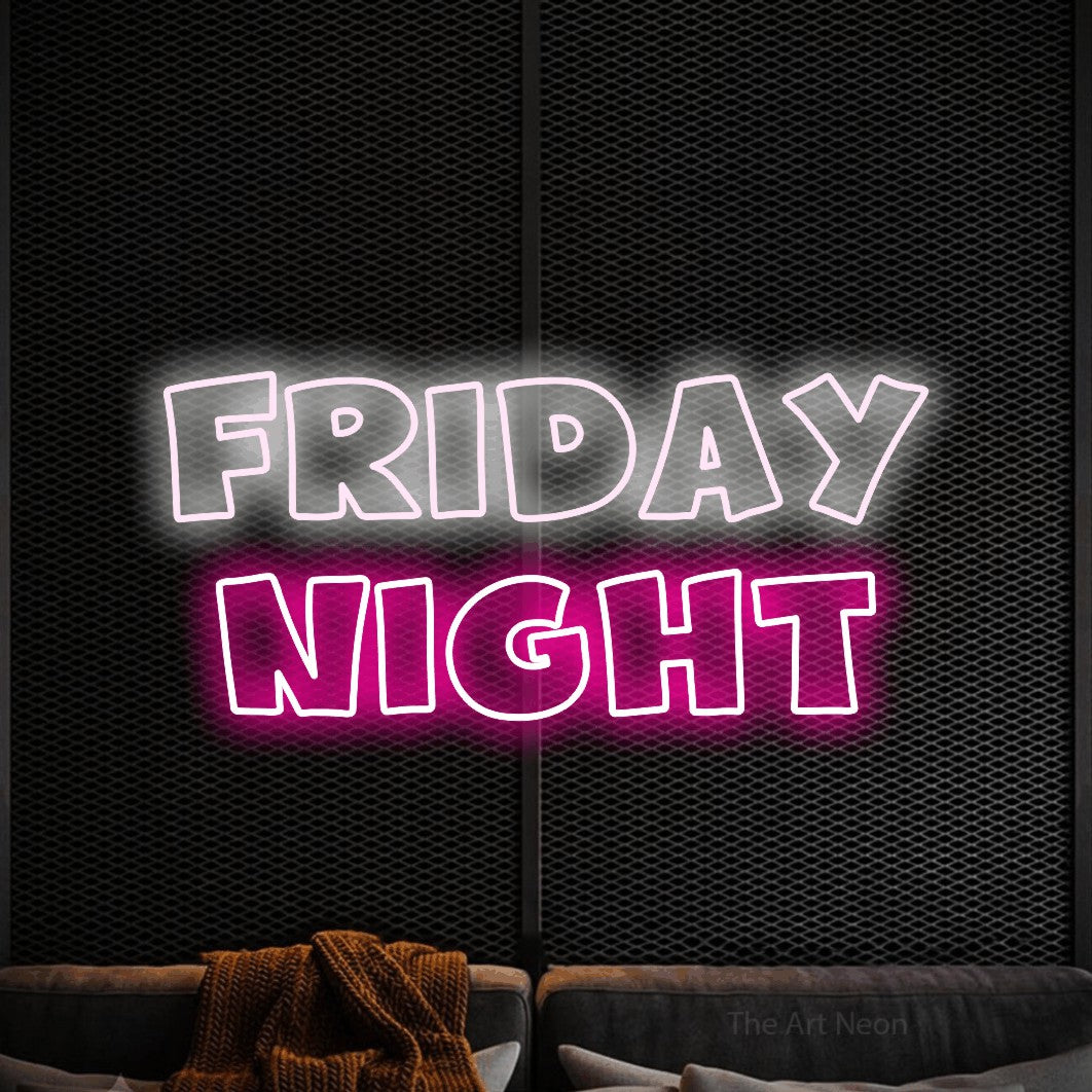 Hot pink and cool white outline-style LED neon sign reading "Friday Night" against a black textured wall for bar décor