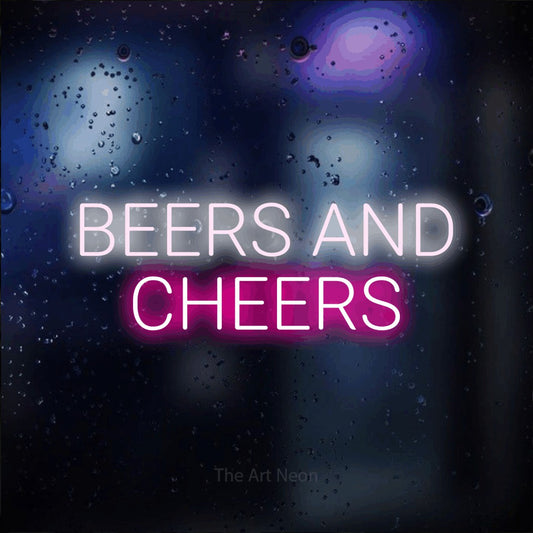 Hot pink and cool white LED neon sign reading "Beers and Cheers" against a dark blue bokeh background for bar décor