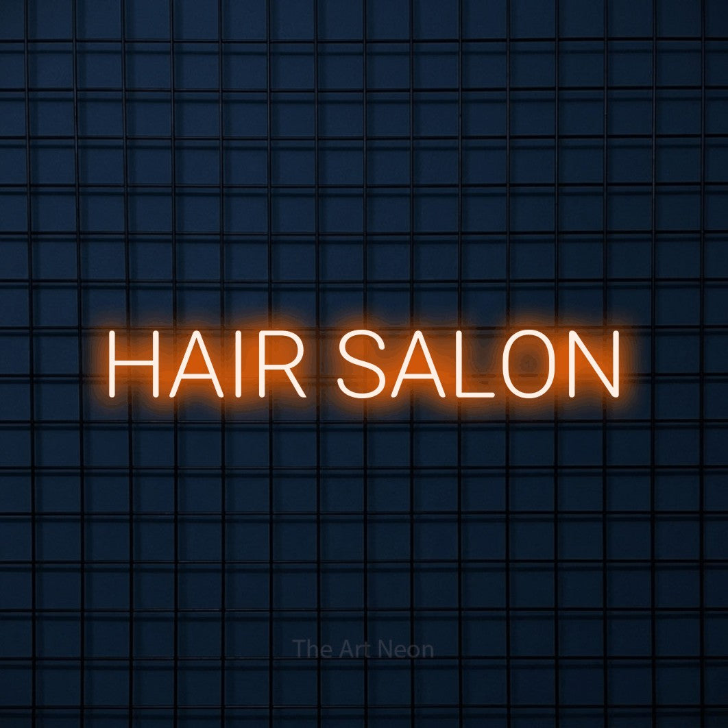 Orange LED neon sign reading "Hair Salon" against a dark blue tiled wall for salon décor