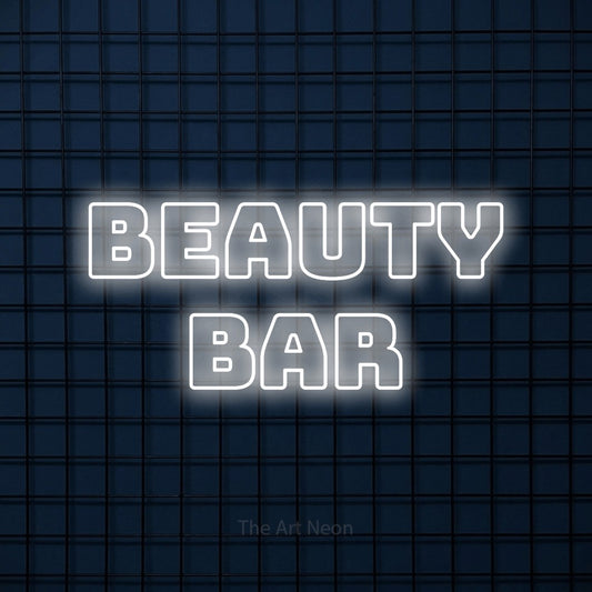 Cool white outline-style LED neon sign reading "Beauty Bar" against a dark blue tiled wall for salon décor