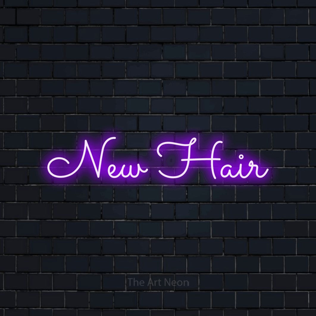 Purple LED neon sign reading "New Hair" against a dark navy brick wall for salon décor