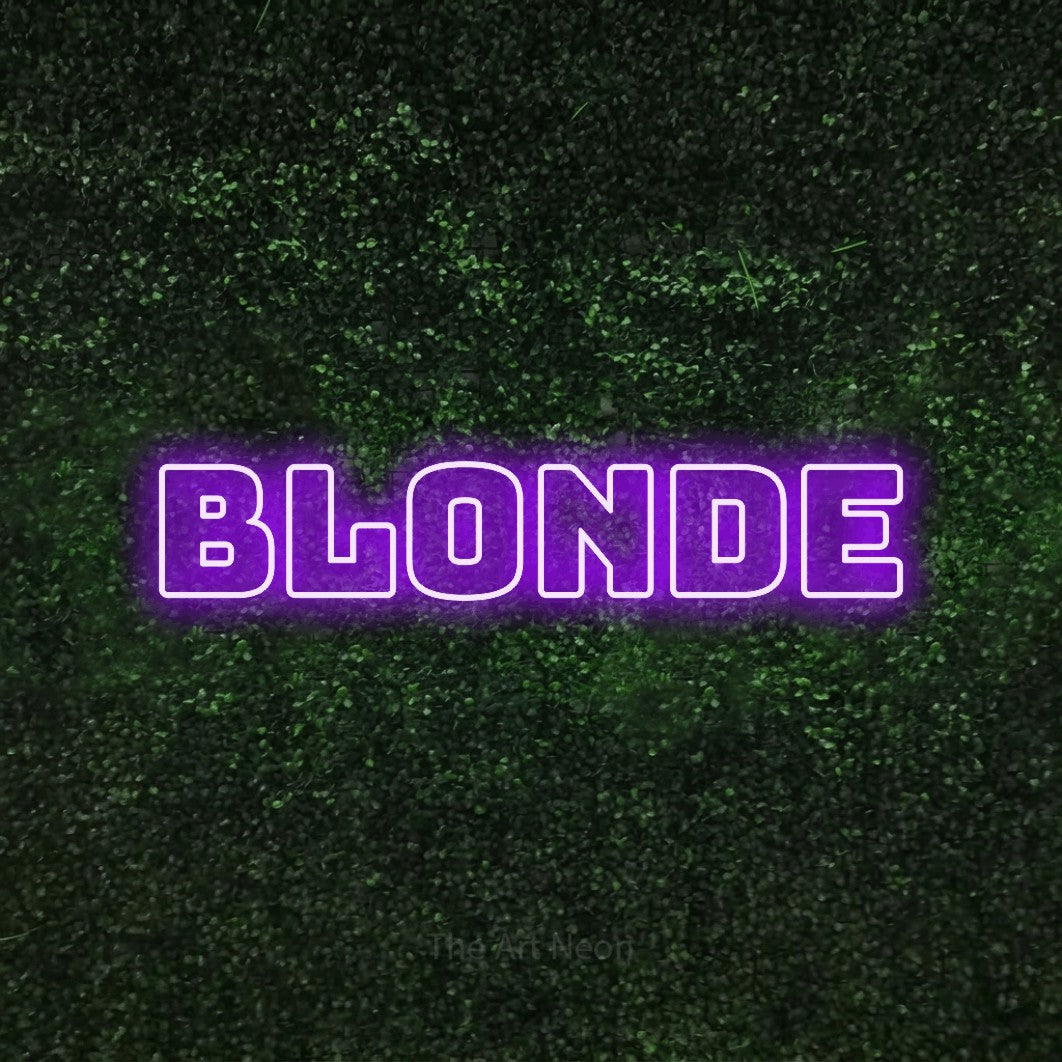 Purple outline-style LED neon sign reading "Blonde" against a textured green moss wall for salon décor